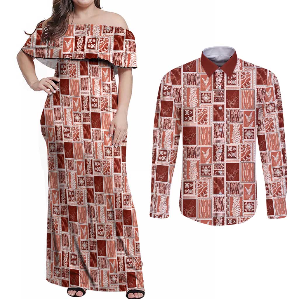 Vintage Aloha Block Quilt Couples Matching Off Shoulder Maxi Dress and Long Sleeve Button Shirt Red Inspired Lei Motifs LT9 Red - Polynesian Pride