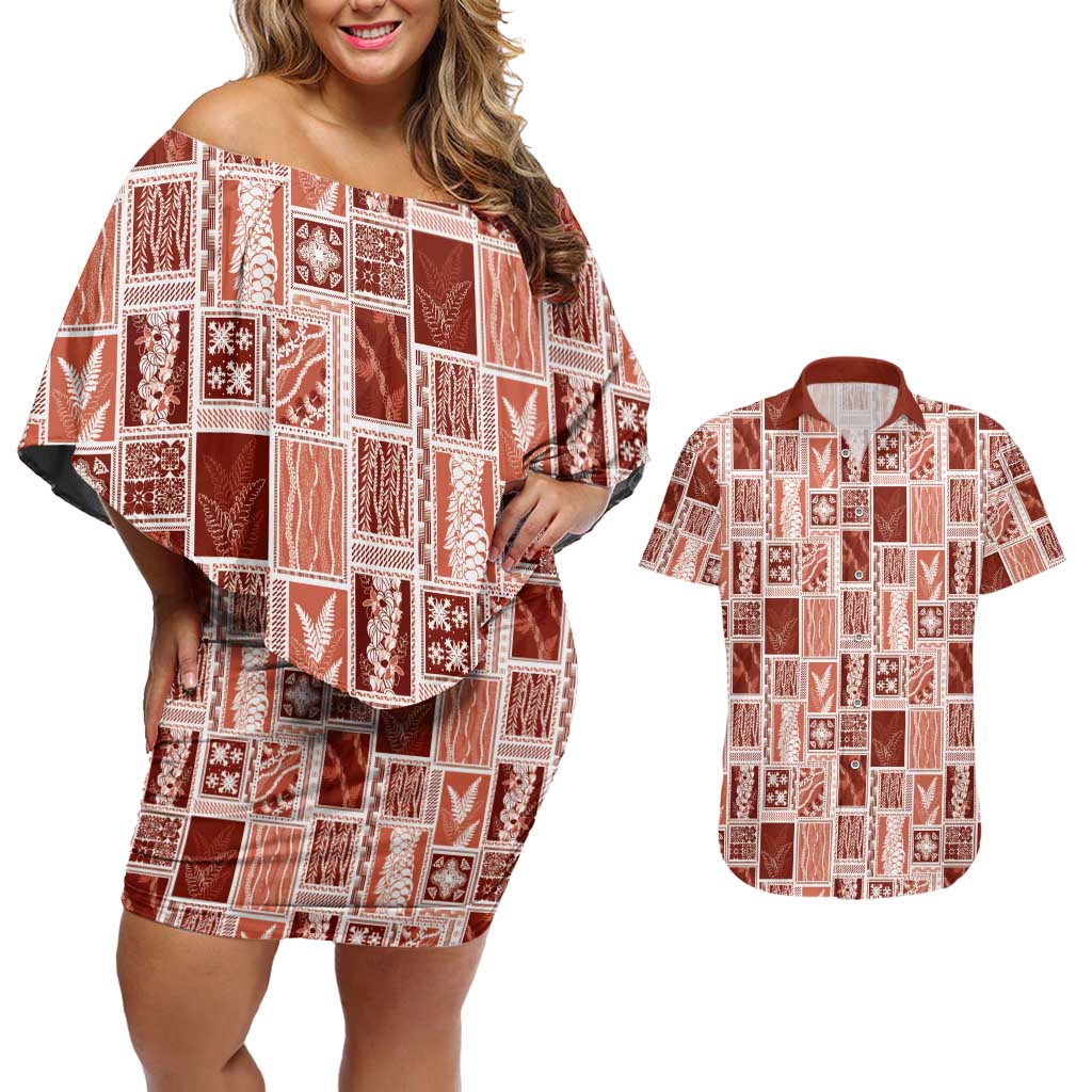Vintage Aloha Block Quilt Couples Matching Off Shoulder Short Dress and Hawaiian Shirt Red Inspired Lei Motifs LT9 Red - Polynesian Pride