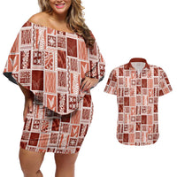 Vintage Aloha Block Quilt Couples Matching Off Shoulder Short Dress and Hawaiian Shirt Red Inspired Lei Motifs LT9 Red - Polynesian Pride