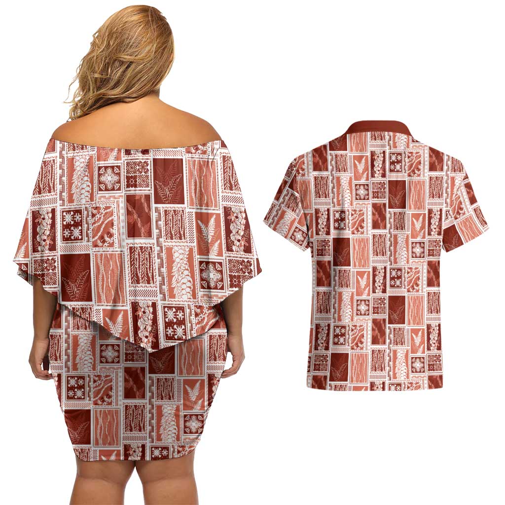 Vintage Aloha Block Quilt Couples Matching Off Shoulder Short Dress and Hawaiian Shirt Red Inspired Lei Motifs LT9 - Polynesian Pride