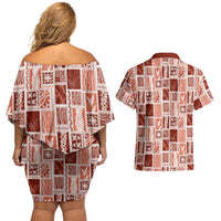 Vintage Aloha Block Quilt Couples Matching Off Shoulder Short Dress and Hawaiian Shirt Red Inspired Lei Motifs LT9 - Polynesian Pride