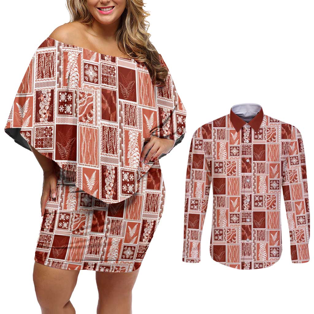 Vintage Aloha Block Quilt Couples Matching Off Shoulder Short Dress and Long Sleeve Button Shirt Red Inspired Lei Motifs LT9 Red - Polynesian Pride