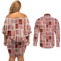 Vintage Aloha Block Quilt Couples Matching Off Shoulder Short Dress and Long Sleeve Button Shirt Red Inspired Lei Motifs LT9 - Polynesian Pride