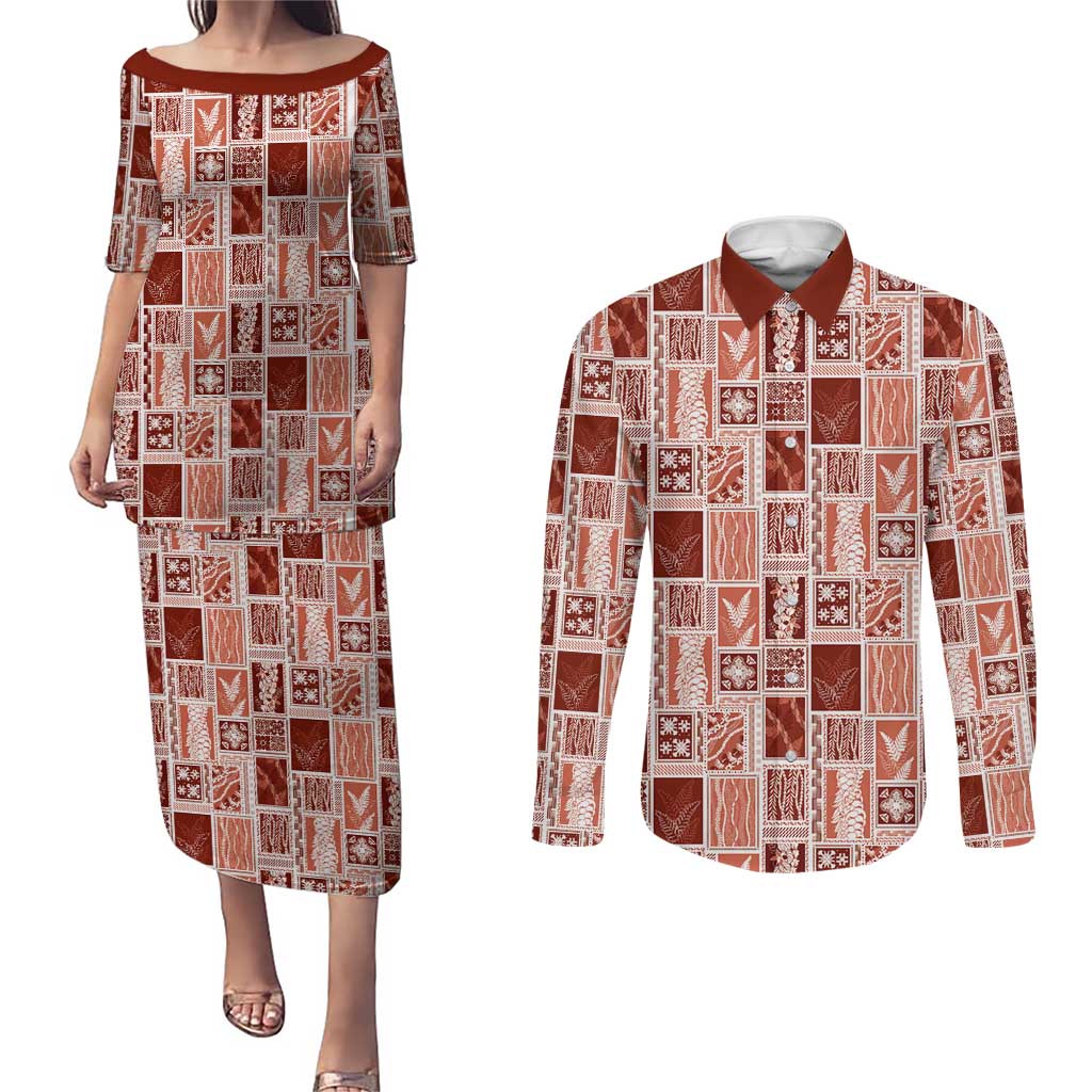 Vintage Aloha Block Quilt Couples Matching Puletasi and Long Sleeve Button Shirt Red Inspired Lei Motifs LT9 Red - Polynesian Pride