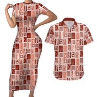 Vintage Aloha Block Quilt Couples Matching Short Sleeve Bodycon Dress and Hawaiian Shirt Red Inspired Lei Motifs LT9 Red - Polynesian Pride
