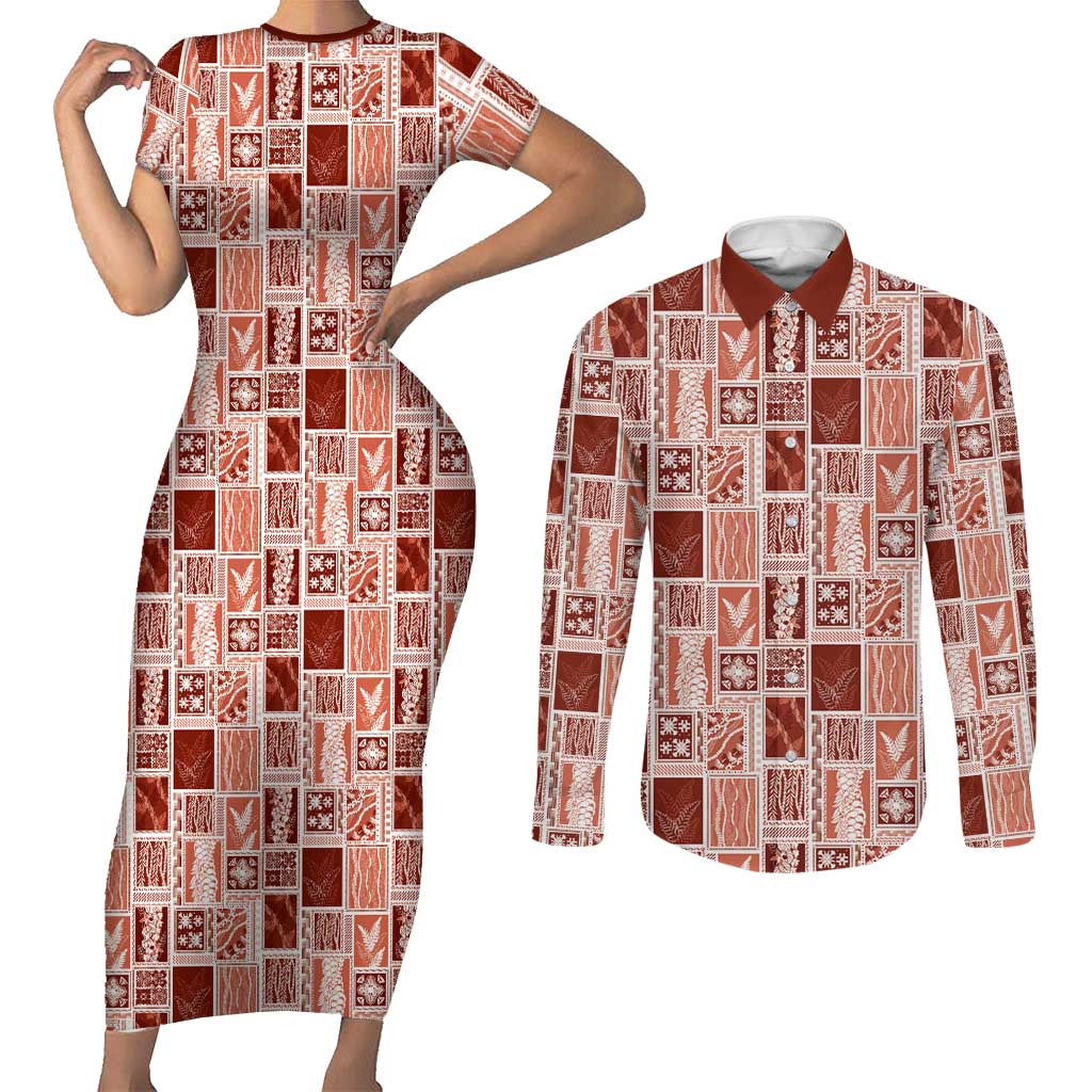 Vintage Aloha Block Quilt Couples Matching Short Sleeve Bodycon Dress and Long Sleeve Button Shirt Red Inspired Lei Motifs LT9 Red - Polynesian Pride