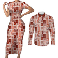 Vintage Aloha Block Quilt Couples Matching Short Sleeve Bodycon Dress and Long Sleeve Button Shirt Red Inspired Lei Motifs LT9 Red - Polynesian Pride