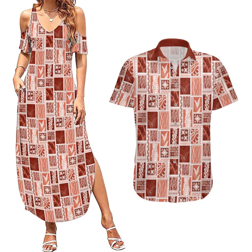 Vintage Aloha Block Quilt Couples Matching Summer Maxi Dress and Hawaiian Shirt Red Inspired Lei Motifs LT9 Red - Polynesian Pride