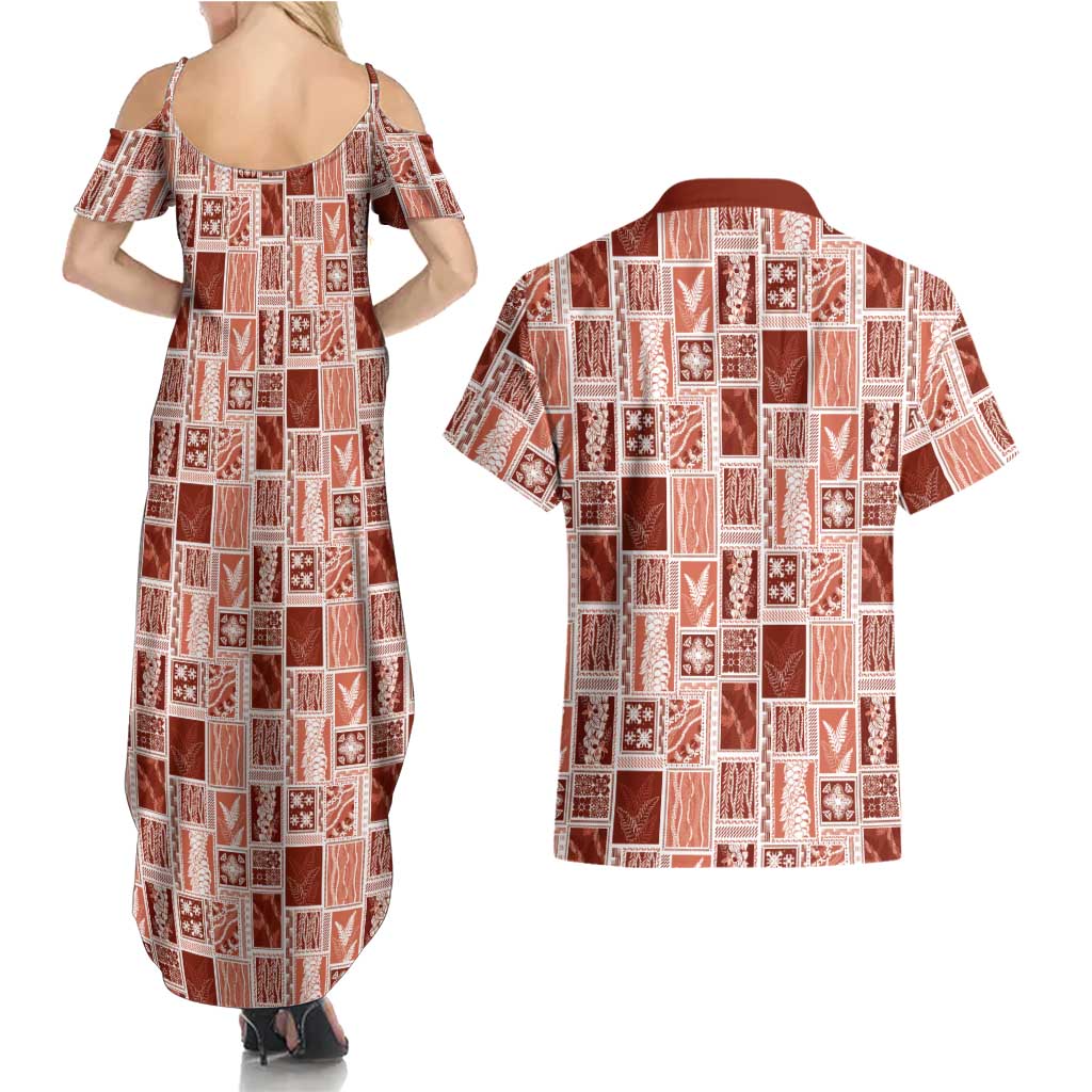 Vintage Aloha Block Quilt Couples Matching Summer Maxi Dress and Hawaiian Shirt Red Inspired Lei Motifs LT9 - Polynesian Pride