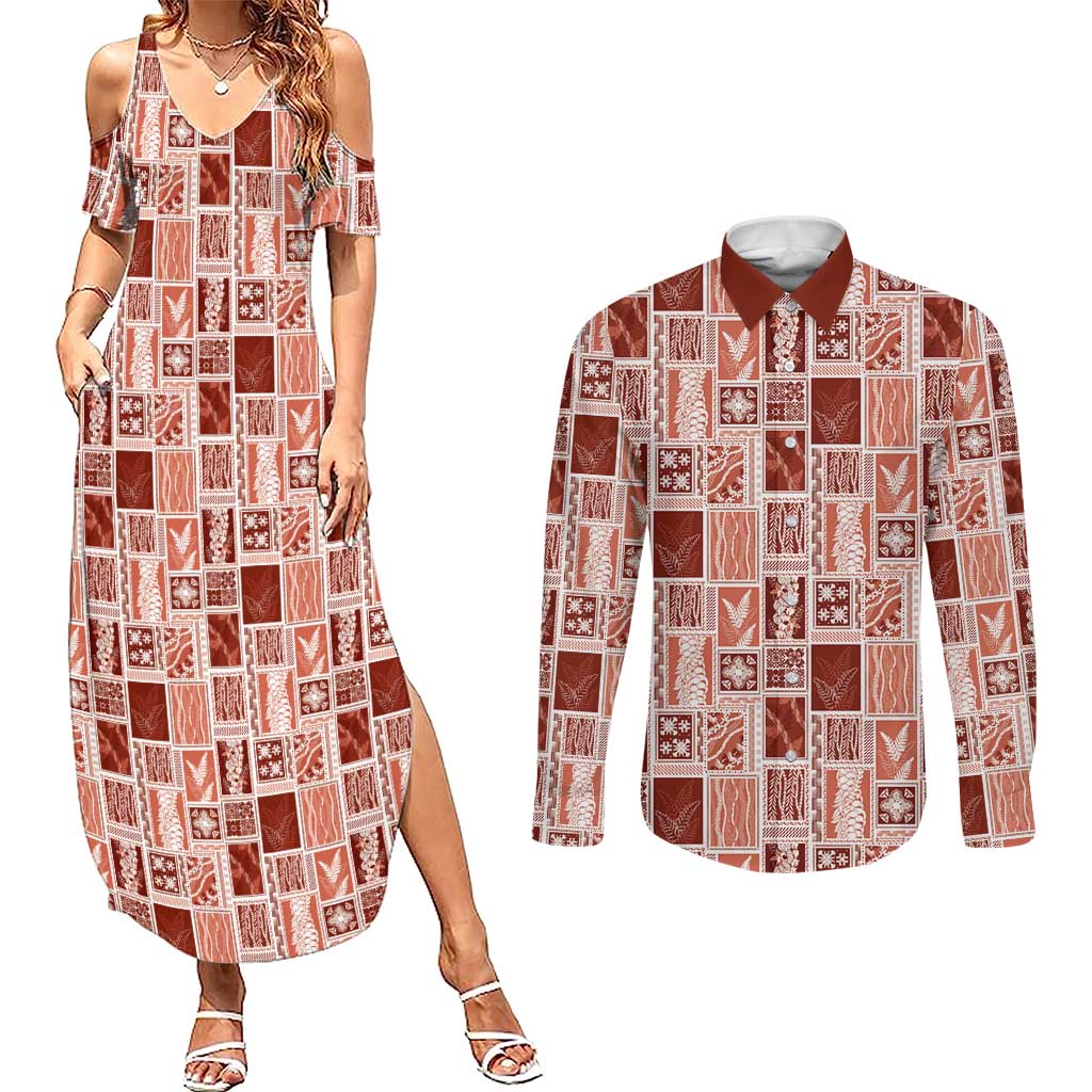 Vintage Aloha Block Quilt Couples Matching Summer Maxi Dress and Long Sleeve Button Shirt Red Inspired Lei Motifs LT9 Red - Polynesian Pride