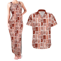 Vintage Aloha Block Quilt Couples Matching Tank Maxi Dress and Hawaiian Shirt Red Inspired Lei Motifs LT9 Red - Polynesian Pride