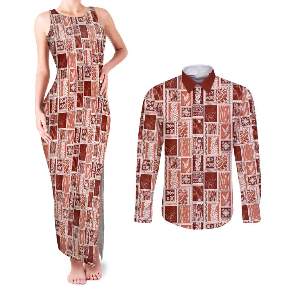 Vintage Aloha Block Quilt Couples Matching Tank Maxi Dress and Long Sleeve Button Shirt Red Inspired Lei Motifs LT9 Red - Polynesian Pride
