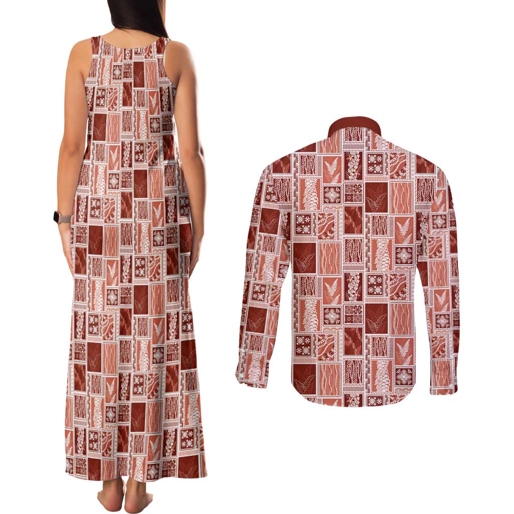 Vintage Aloha Block Quilt Couples Matching Tank Maxi Dress and Long Sleeve Button Shirt Red Inspired Lei Motifs LT9 - Polynesian Pride