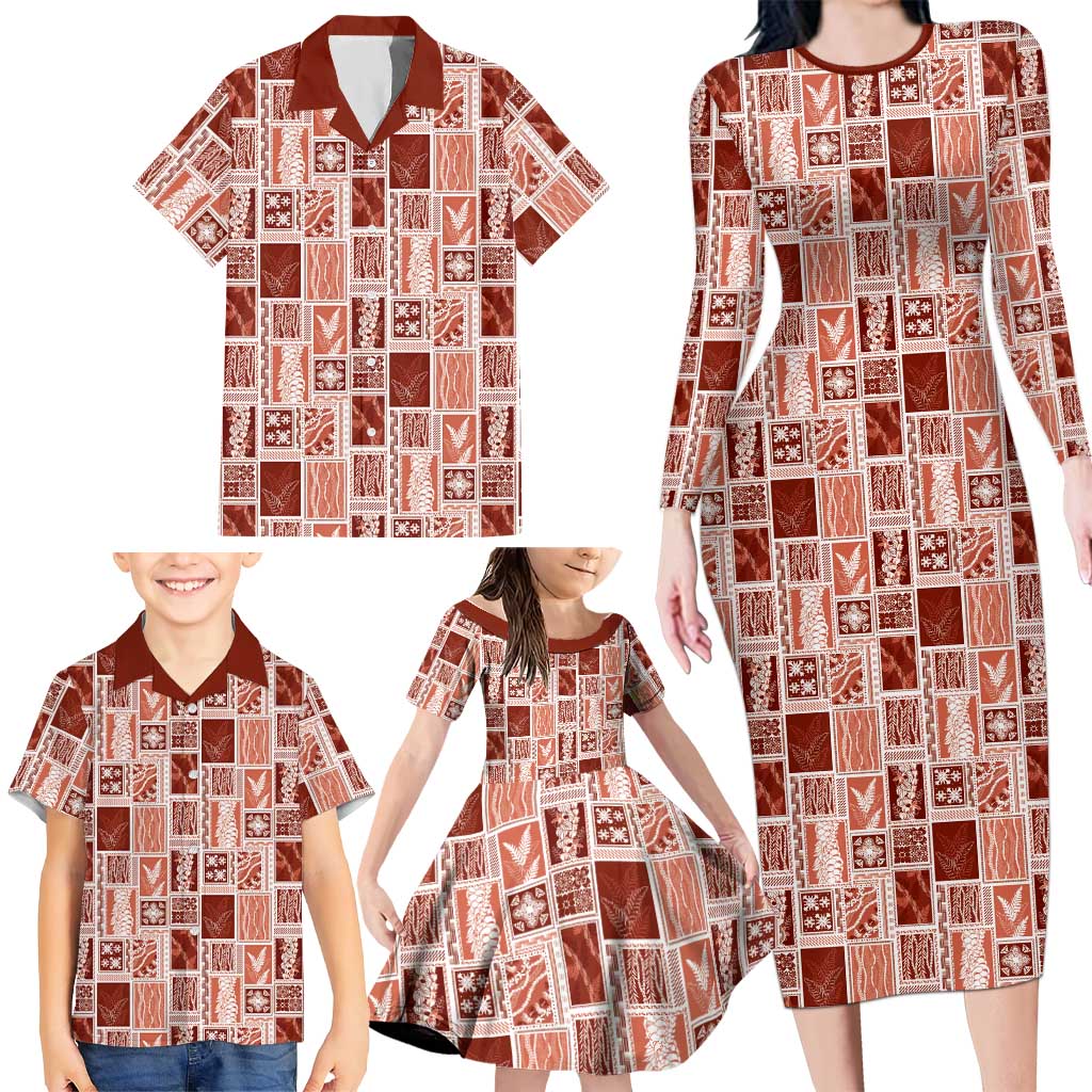 Vintage Aloha Block Quilt Family Matching Long Sleeve Bodycon Dress and Hawaiian Shirt Red Inspired Lei Motifs LT9 - Polynesian Pride