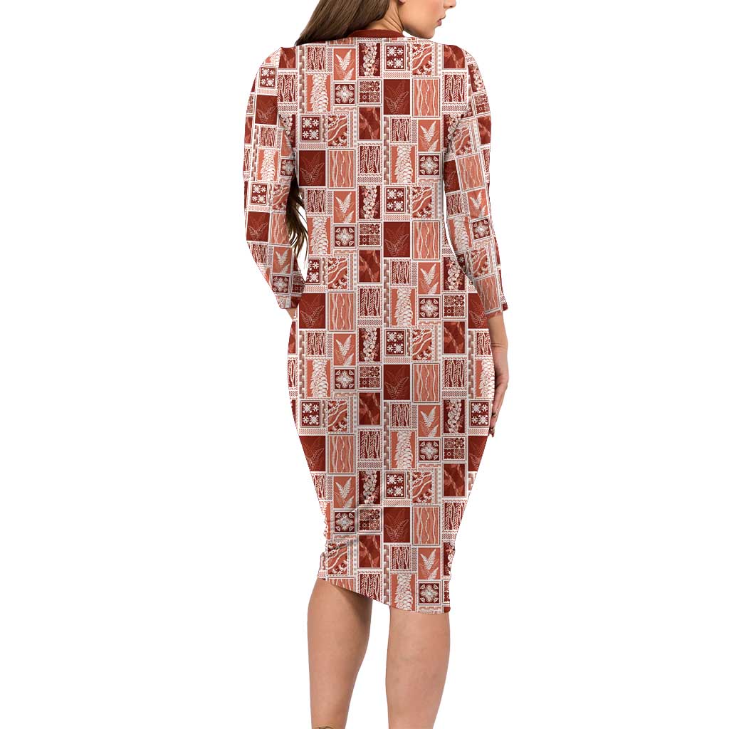 Vintage Aloha Block Quilt Family Matching Long Sleeve Bodycon Dress and Hawaiian Shirt Red Inspired Lei Motifs LT9 - Polynesian Pride