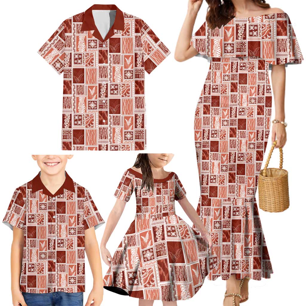 Vintage Aloha Block Quilt Family Matching Mermaid Dress and Hawaiian Shirt Red Inspired Lei Motifs - Polynesian Pride