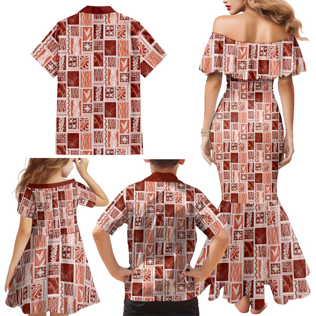 Vintage Aloha Block Quilt Family Matching Mermaid Dress and Hawaiian Shirt Red Inspired Lei Motifs LT9 - Polynesian Pride