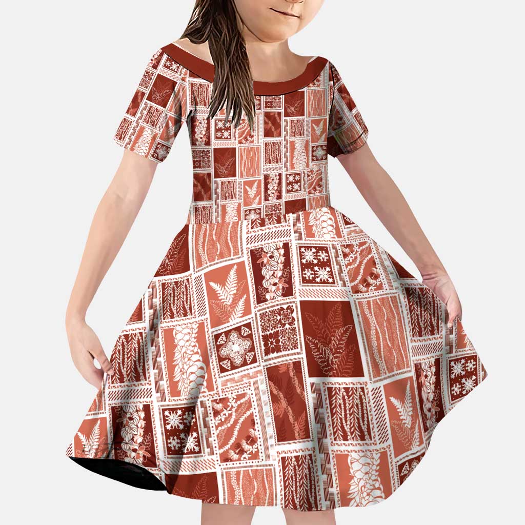 Vintage Aloha Block Quilt Family Matching Off The Shoulder Long Sleeve Dress and Hawaiian Shirt Red Inspired Lei Motifs LT9 Daughter's Dress Red - Polynesian Pride