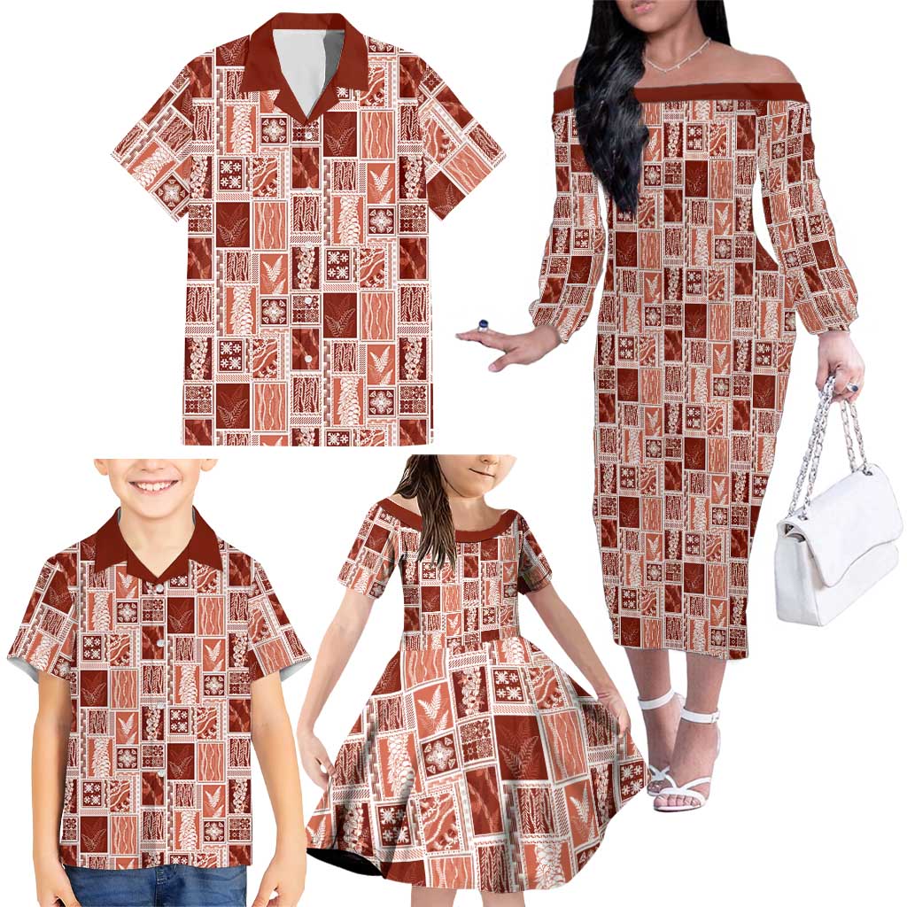 Vintage Aloha Block Quilt Family Matching Off The Shoulder Long Sleeve Dress and Hawaiian Shirt Red Inspired Lei Motifs LT9 - Polynesian Pride