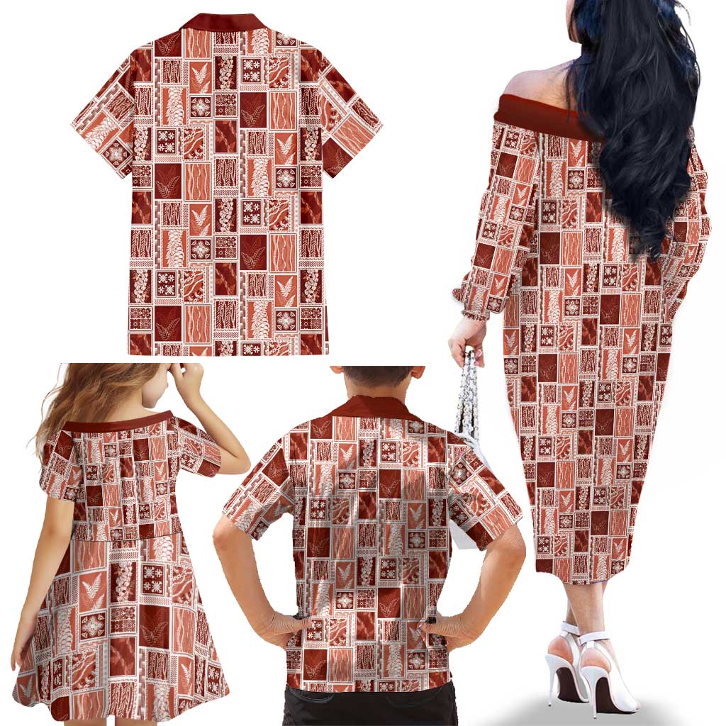 Vintage Aloha Block Quilt Family Matching Off The Shoulder Long Sleeve Dress and Hawaiian Shirt Red Inspired Lei Motifs LT9 - Polynesian Pride