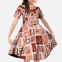 Vintage Aloha Block Quilt Family Matching Off Shoulder Maxi Dress and Hawaiian Shirt Red Inspired Lei Motifs LT9 Daughter's Dress Red - Polynesian Pride