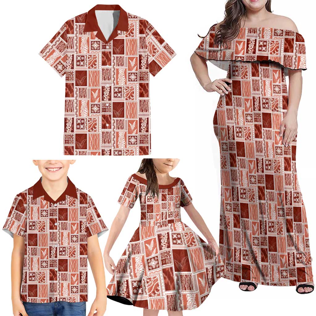 Vintage Aloha Block Quilt Family Matching Off Shoulder Maxi Dress and Hawaiian Shirt Red Inspired Lei Motifs LT9 - Polynesian Pride
