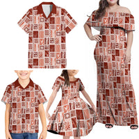 Vintage Aloha Block Quilt Family Matching Off Shoulder Maxi Dress and Hawaiian Shirt Red Inspired Lei Motifs LT9 - Polynesian Pride
