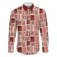 Vintage Aloha Block Quilt Family Matching Off Shoulder Maxi Dress and Hawaiian Shirt Red Inspired Lei Motifs LT9 Dad's Shirt - Long Sleeve Red - Polynesian Pride