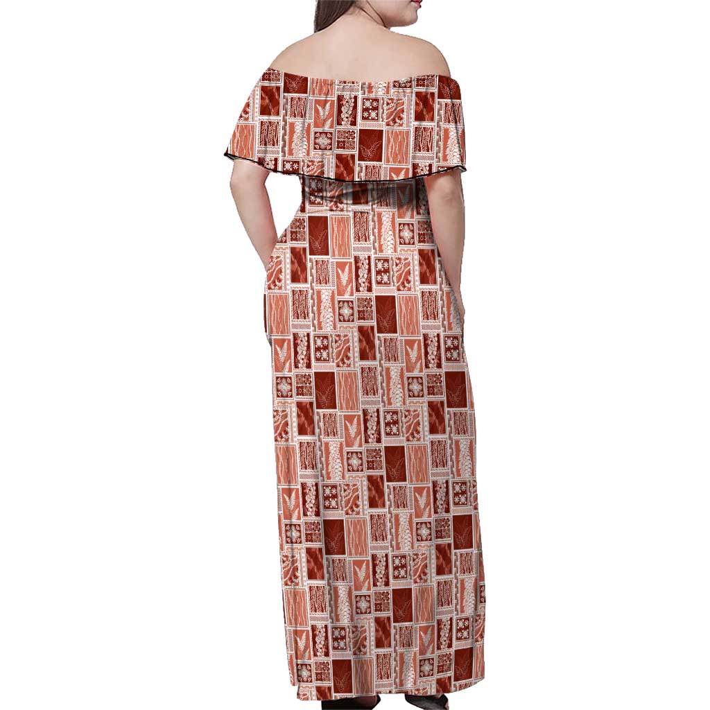 Vintage Aloha Block Quilt Family Matching Off Shoulder Maxi Dress and Hawaiian Shirt Red Inspired Lei Motifs LT9 - Polynesian Pride