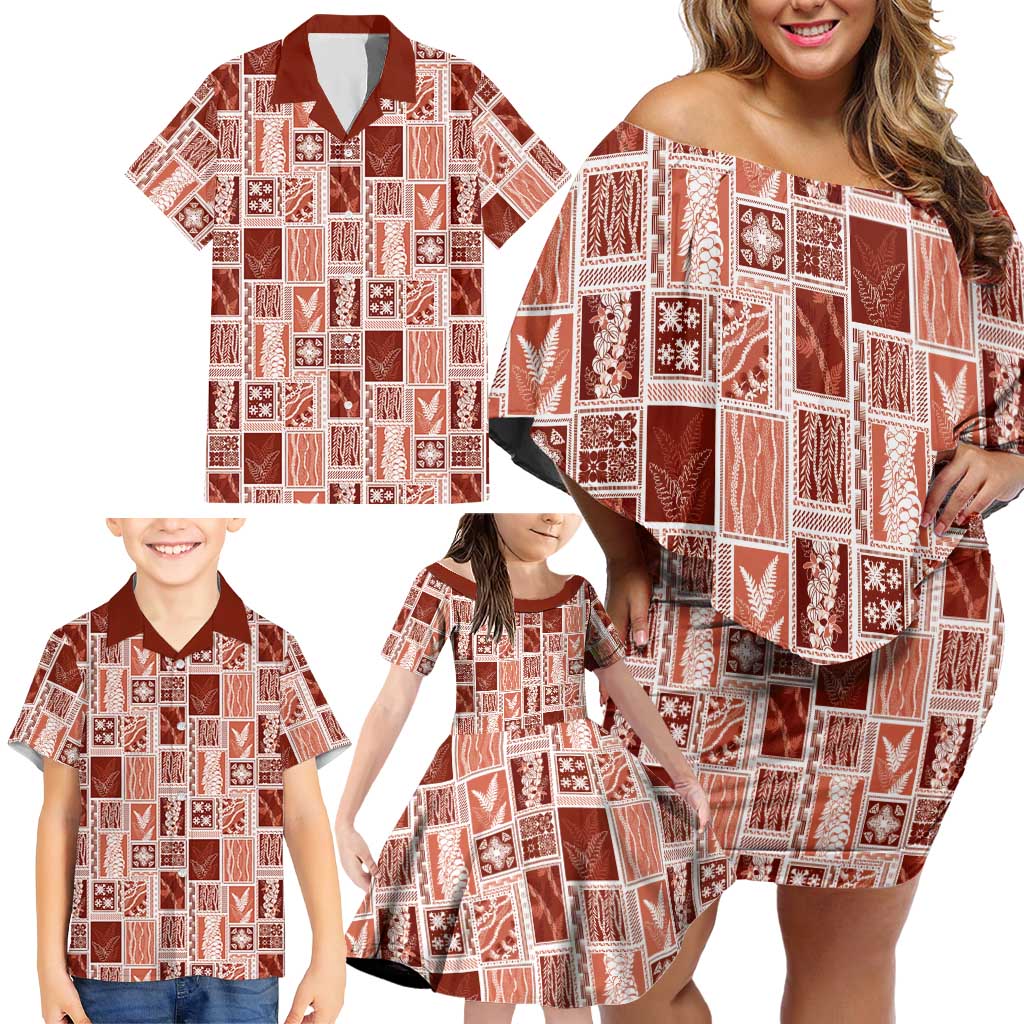 Vintage Aloha Block Quilt Family Matching Off Shoulder Short Dress and Hawaiian Shirt Red Inspired Lei Motifs LT9 - Polynesian Pride