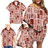 Vintage Aloha Block Quilt Family Matching Off Shoulder Short Dress and Hawaiian Shirt Red Inspired Lei Motifs LT9 - Polynesian Pride