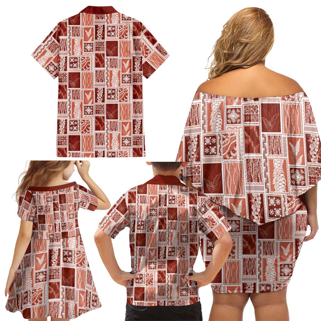 Vintage Aloha Block Quilt Family Matching Off Shoulder Short Dress and Hawaiian Shirt Red Inspired Lei Motifs LT9 - Polynesian Pride