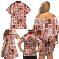 Vintage Aloha Block Quilt Family Matching Off Shoulder Short Dress and Hawaiian Shirt Red Inspired Lei Motifs LT9 - Polynesian Pride