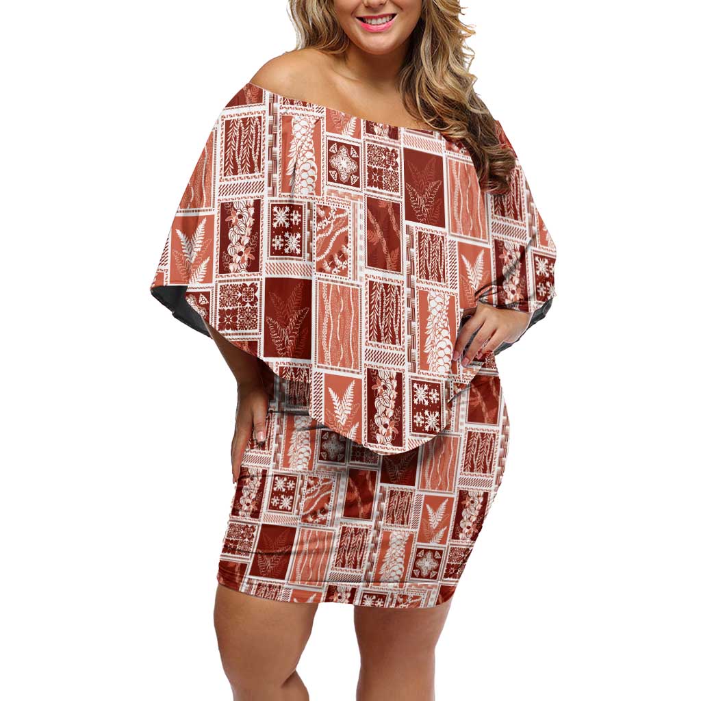 Vintage Aloha Block Quilt Family Matching Off Shoulder Short Dress and Hawaiian Shirt Red Inspired Lei Motifs LT9 Mom's Dress Red - Polynesian Pride