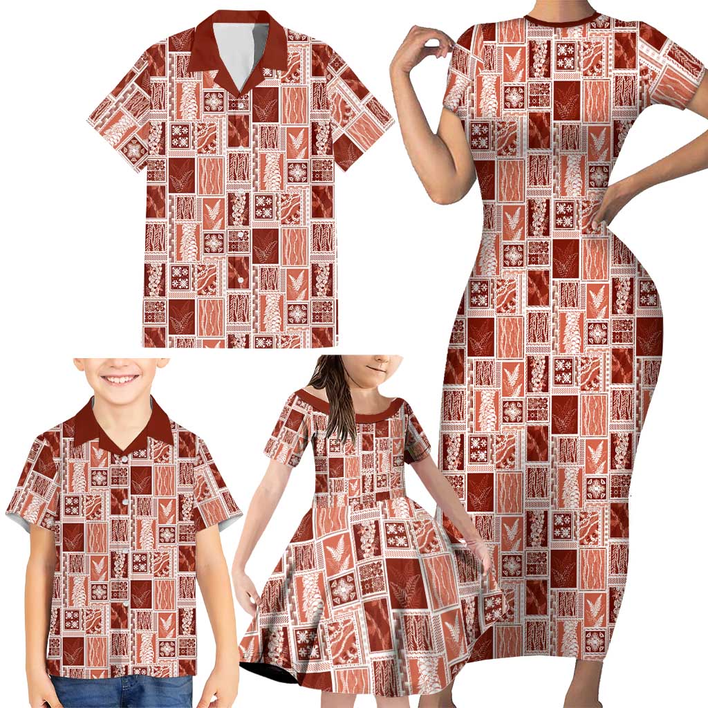 Vintage Aloha Block Quilt Family Matching Short Sleeve Bodycon Dress and Hawaiian Shirt Red Inspired Lei Motifs - Polynesian Pride