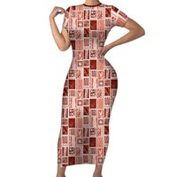 Vintage Aloha Block Quilt Family Matching Short Sleeve Bodycon Dress and Hawaiian Shirt Red Inspired Lei Motifs LT9 Mom's Dress Red - Polynesian Pride