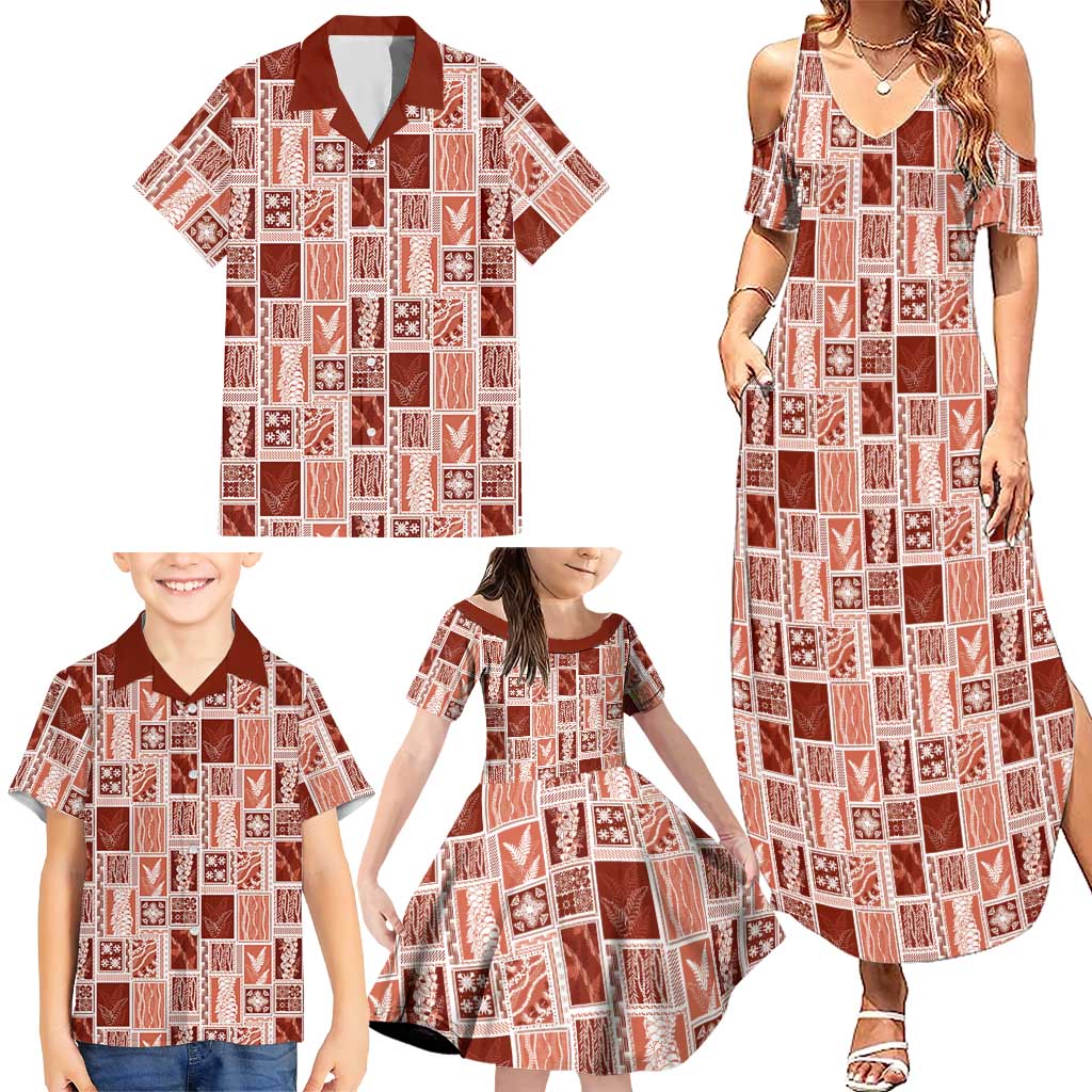Vintage Aloha Block Quilt Family Matching Summer Maxi Dress and Hawaiian Shirt Red Inspired Lei Motifs - Polynesian Pride