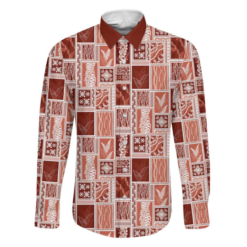 Vintage Aloha Block Quilt Family Matching Summer Maxi Dress and Hawaiian Shirt Red Inspired Lei Motifs LT9 Dad's Shirt - Long Sleeve Red - Polynesian Pride
