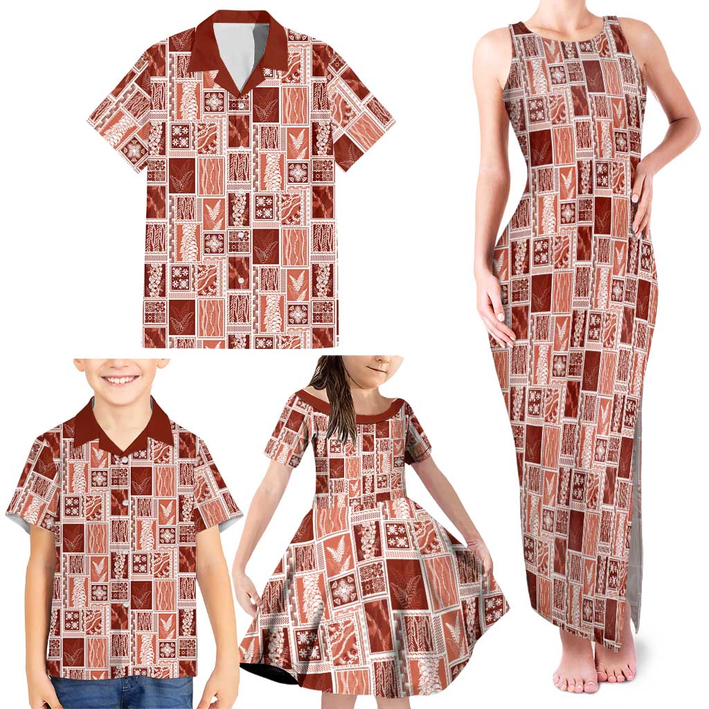 Vintage Aloha Block Quilt Family Matching Tank Maxi Dress and Hawaiian Shirt Red Inspired Lei Motifs - Polynesian Pride