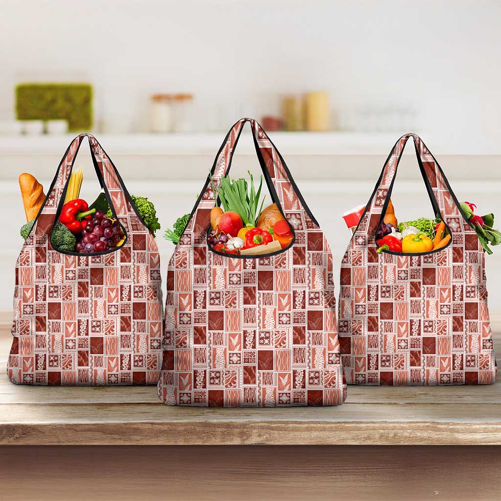 Vintage Aloha Block Quilt Grocery Bag Red Inspired Lei Motifs LT9 3-pack One Size Red - Polynesian Pride