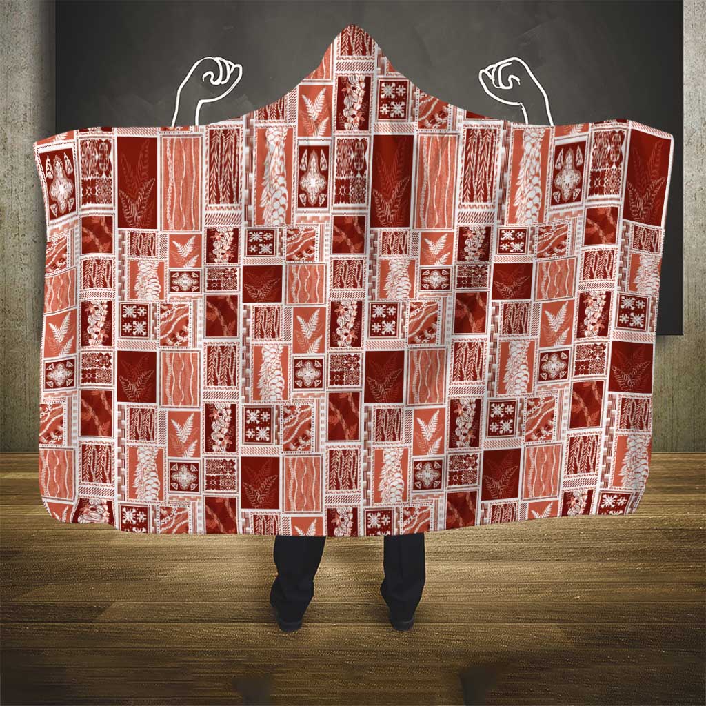 Vintage Aloha Block Quilt Hooded Blanket Red Inspired Lei Motifs - Polynesian Pride
