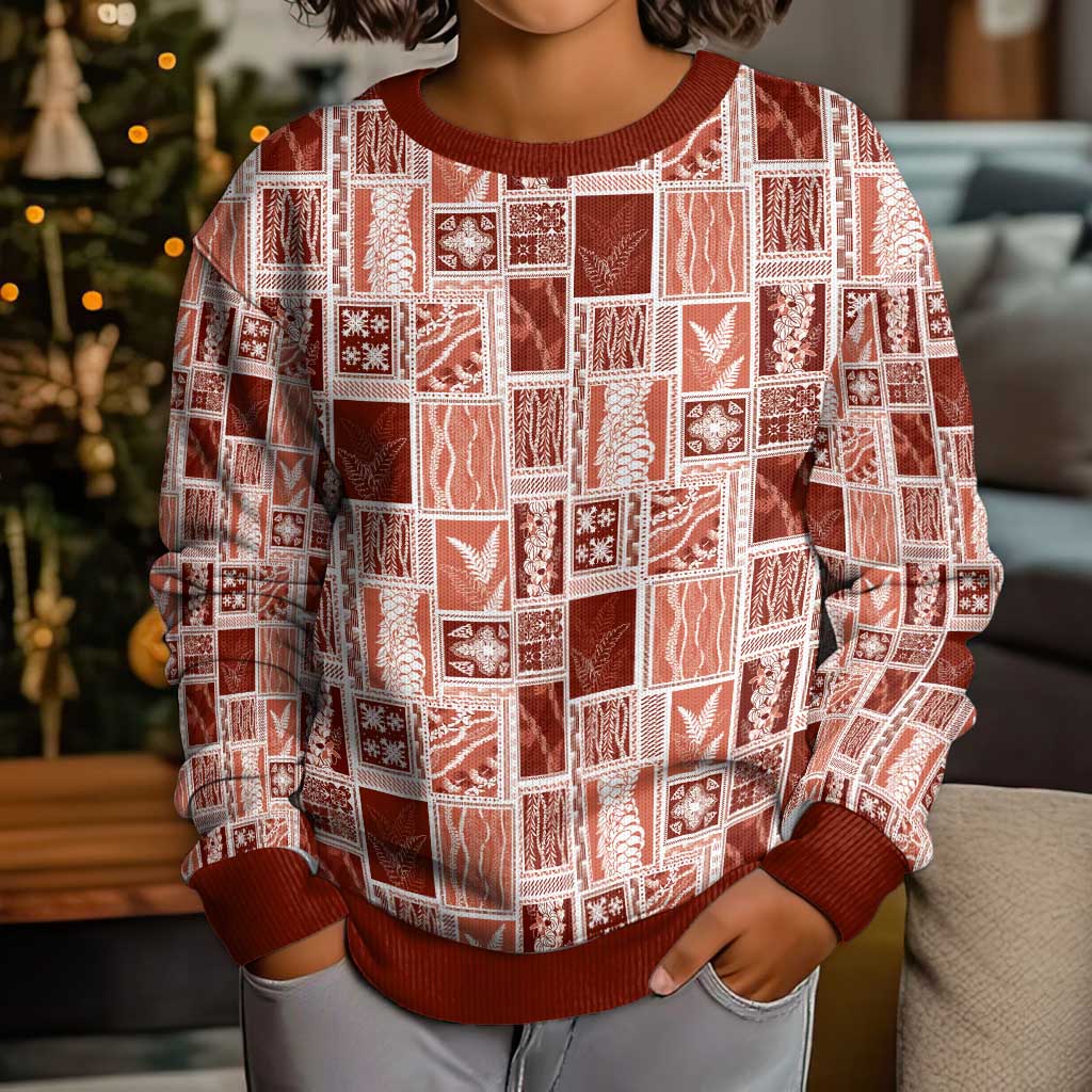 Vintage Aloha Block Quilt Kid Ugly Christmas Sweater Red Inspired Lei Motifs LT9 - Polynesian Pride