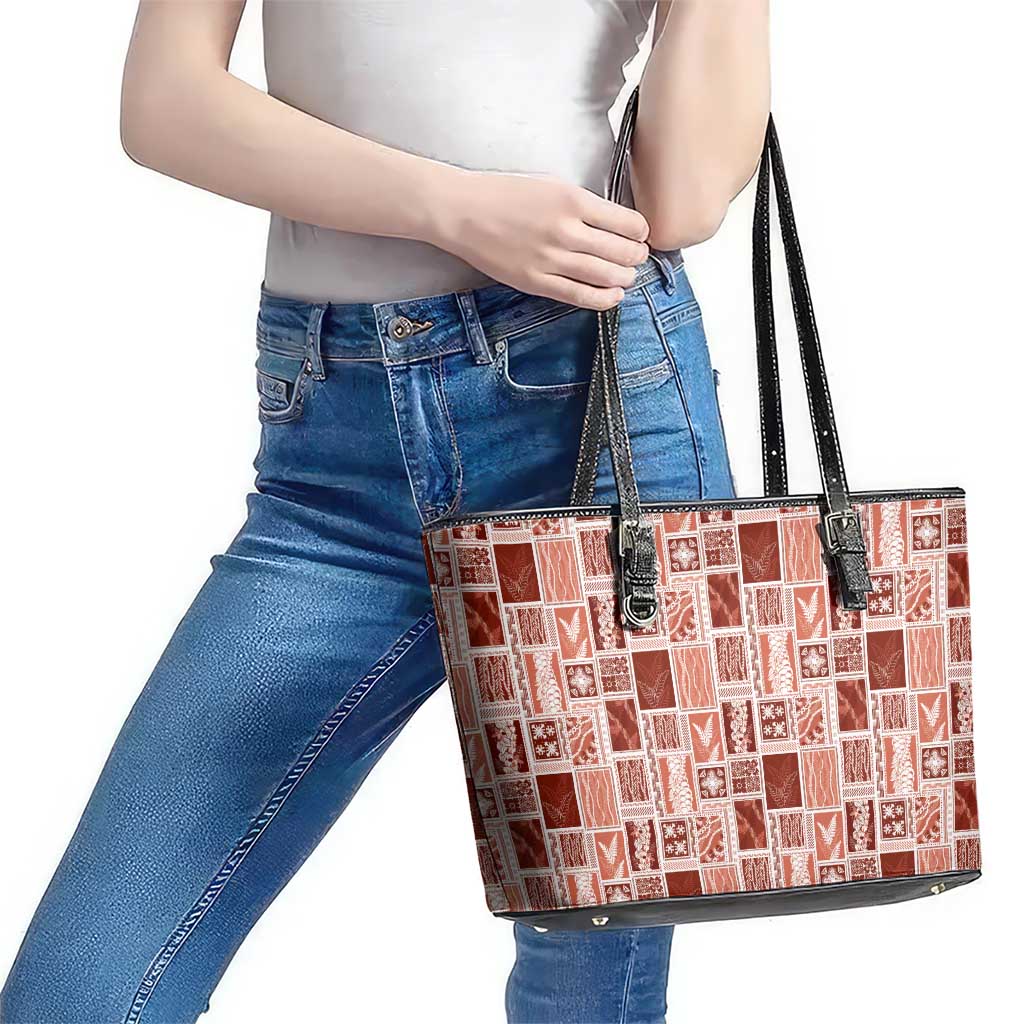 Vintage Aloha Block Quilt Leather Tote Bag Red Inspired Lei Motifs - Polynesian Pride