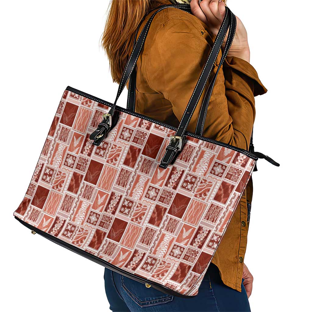 Vintage Aloha Block Quilt Leather Tote Bag Red Inspired Lei Motifs - Polynesian Pride