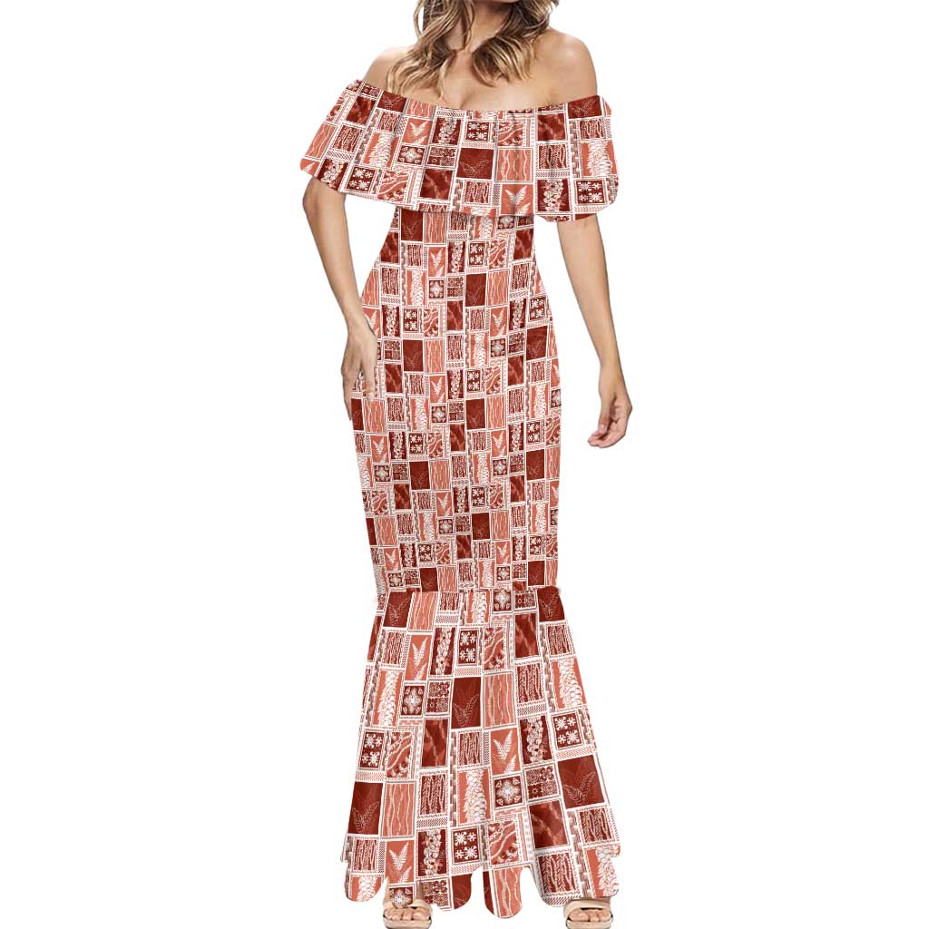Vintage Aloha Block Quilt Mermaid Dress Red Inspired Lei Motifs - Polynesian Pride
