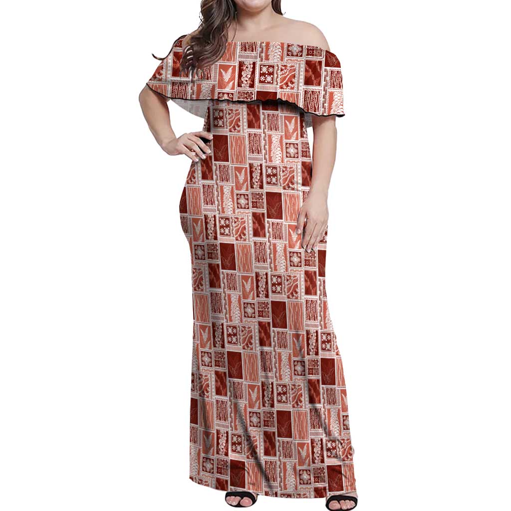 Vintage Aloha Block Quilt Off Shoulder Maxi Dress Red Inspired Lei Motifs - Polynesian Pride