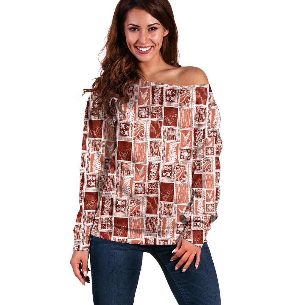 Vintage Aloha Block Quilt Off Shoulder Sweater Red Inspired Lei Motifs - Polynesian Pride