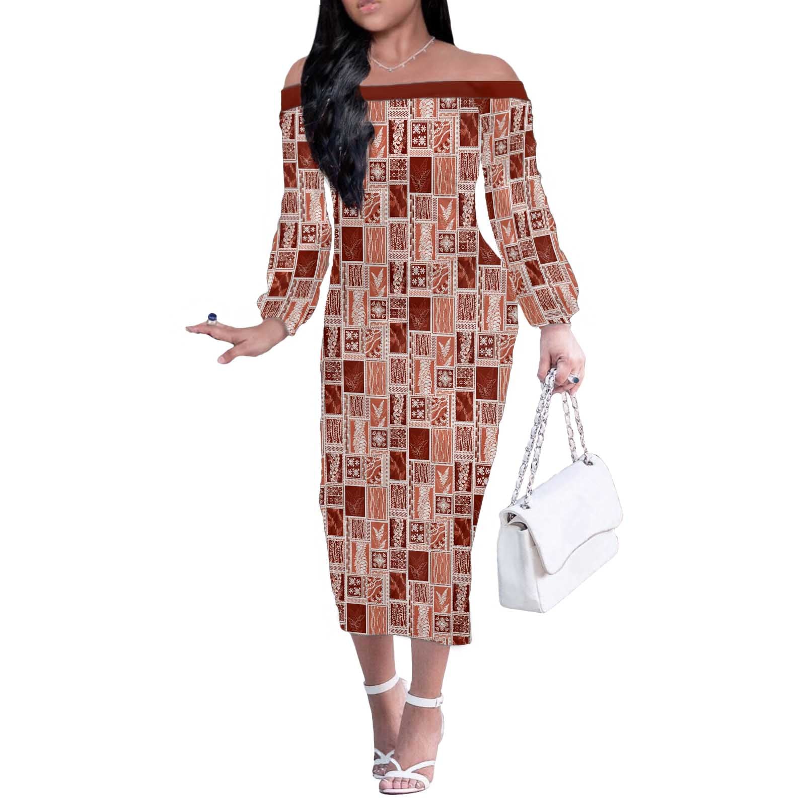 Vintage Aloha Block Quilt Off The Shoulder Long Sleeve Dress Red Inspired Lei Motifs - Polynesian Pride