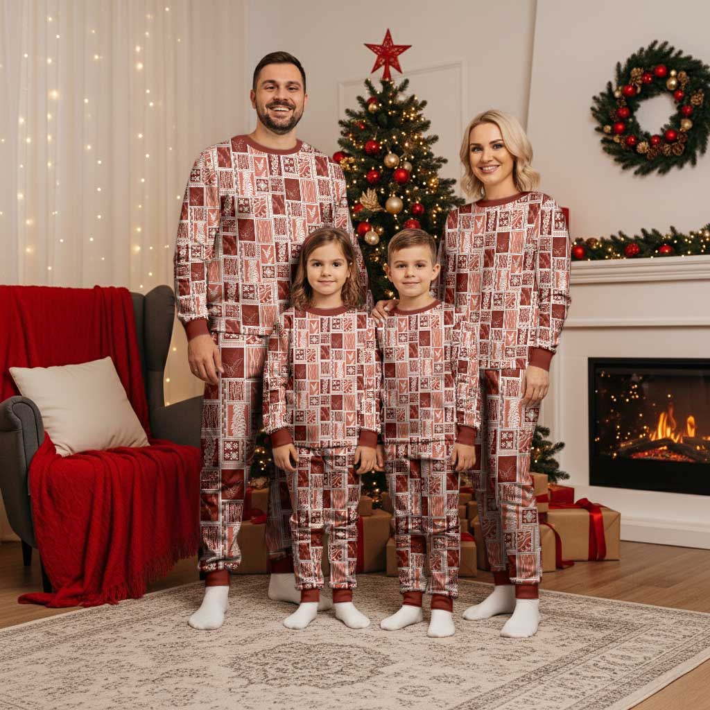 Vintage Aloha Block Quilt Christmas Pajama Set Red Inspired Lei Motifs - Polynesian Pride