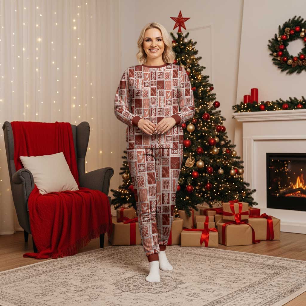 Vintage Aloha Block Quilt Christmas Pajama Set Red Inspired Lei Motifs - Polynesian Pride